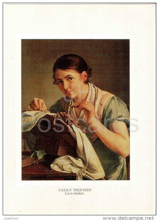 painting by V. Tropinin - Lace Maker , 1823 - woman - handicraft - russian art  - unused - JH Postcards