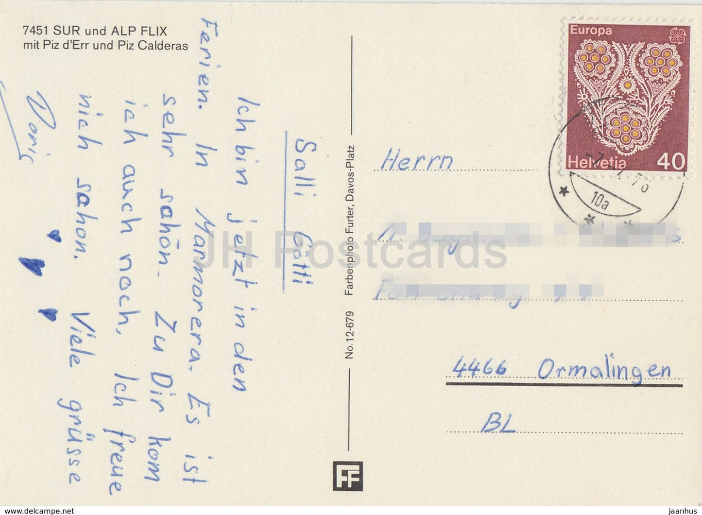 Sur und Alp Flix mit Piz d'Err und Piz Calderas - 7451 - années 1970 - Suisse - utilisé