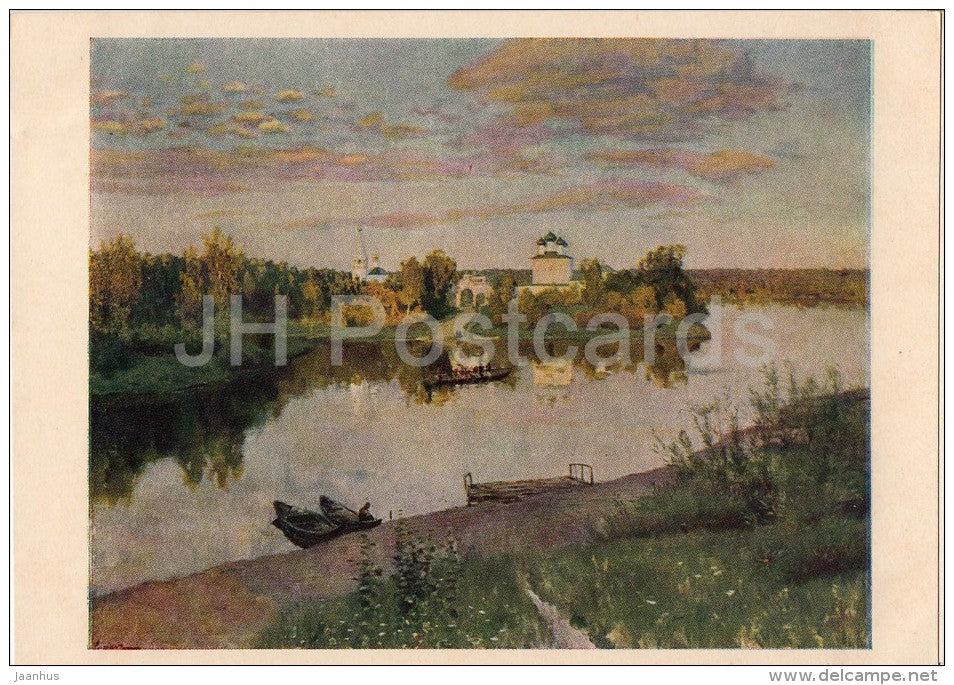 painting by I. Levitan - The Evening Bell , 1892 - church - boat - Russian art - 1953 - Russia USSR - unused - JH Postcards