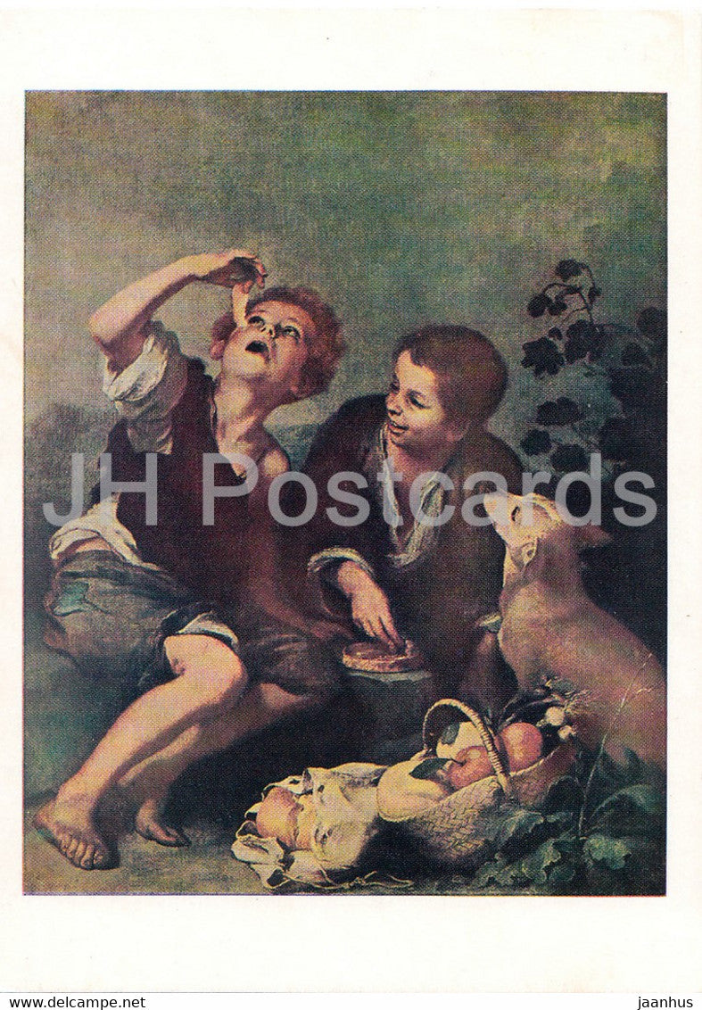 painting by B E Murillo - Die pastetenesser - children - dog - Spanish art - 1971 - Germany - unused - JH Postcards