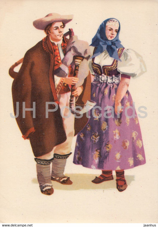 Costumes of Silesian Gorals - illustration - bagpipe - Polish Folk Costumes - Poland - unused - JH Postcards
