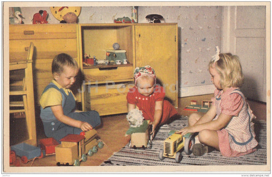 Children Playing - toys - train - tractor - Sweden - used - JH Postcards