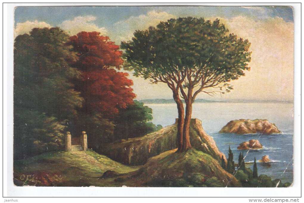 illustration by Fiebiger - trees , sea - Amag 284- old postcard - circulated in Estonia 1923 , Kuremäe - used - JH Postcards