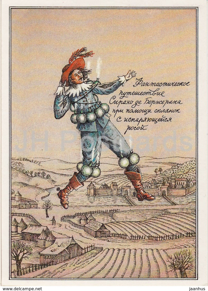 Flying Cyrano de Bergerac - Aviation History - illustration by V. Lyubarov - 1988 - Russia USSR - unused - JH Postcards