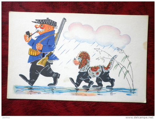 funny hunters and anglers by Orlov, Schwarz - caring owner - hunter - dog - 1968 - Russia - USSR - unused - JH Postcards