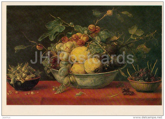 painting by Frans Snyders - Bowl of Fruits on a Red Table-cloth - grape - Flemish art - Russia USSR - 1982 - unused - JH Postcards
