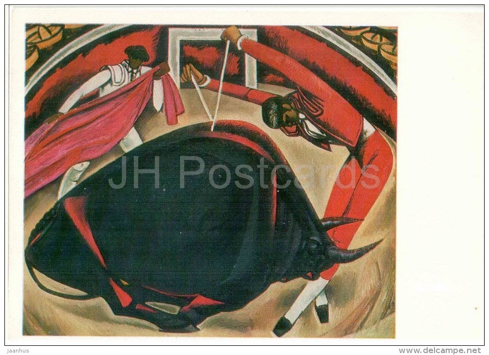 painting by Tair Teimurovich Salakhov - Corrida in Mexico - bull - azerbaijan art - unused - JH Postcards