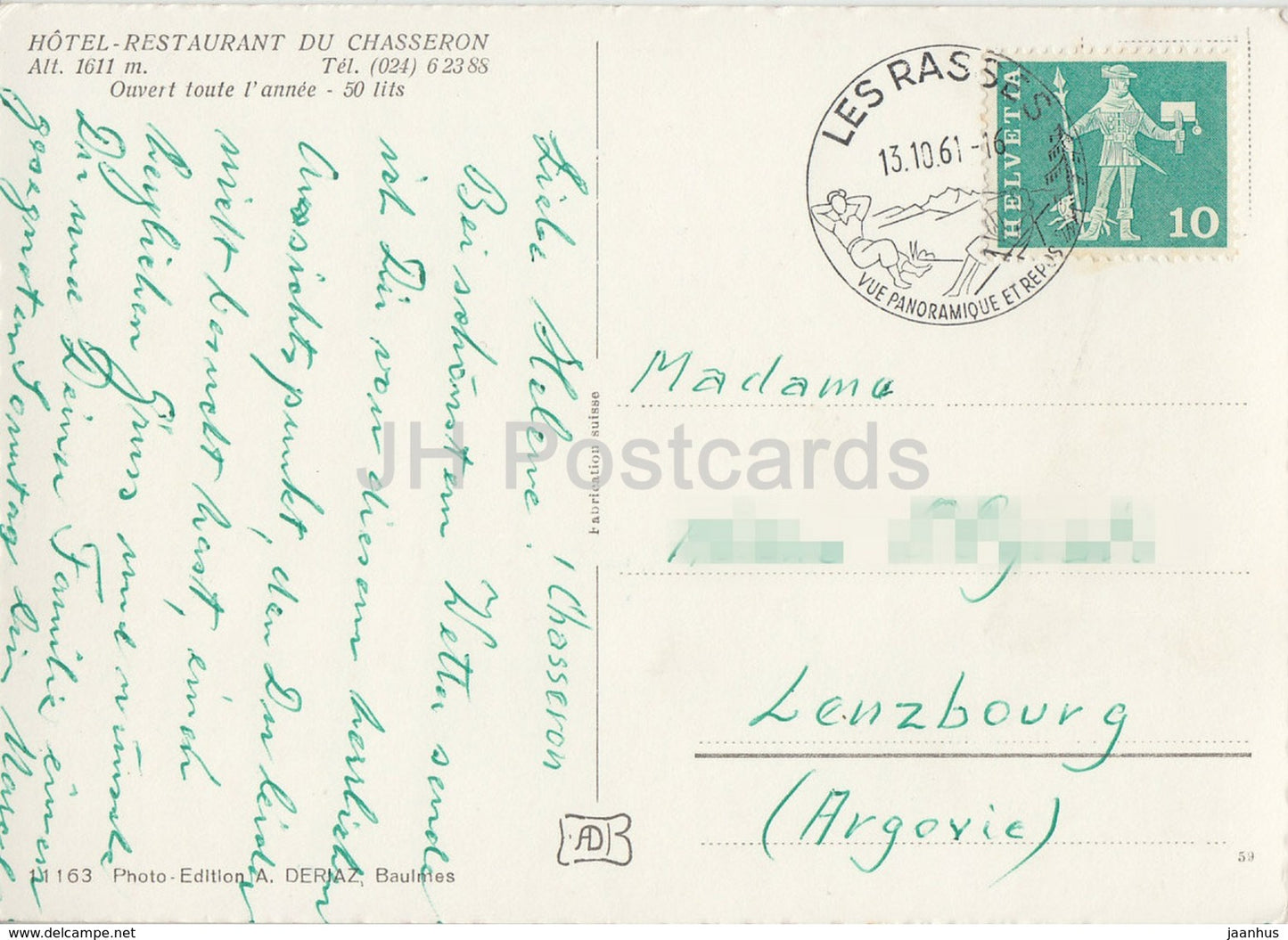 Un Bonjour du Chasseron - hotel restaurant Du Chasseron - 1961 - Switzerland - used