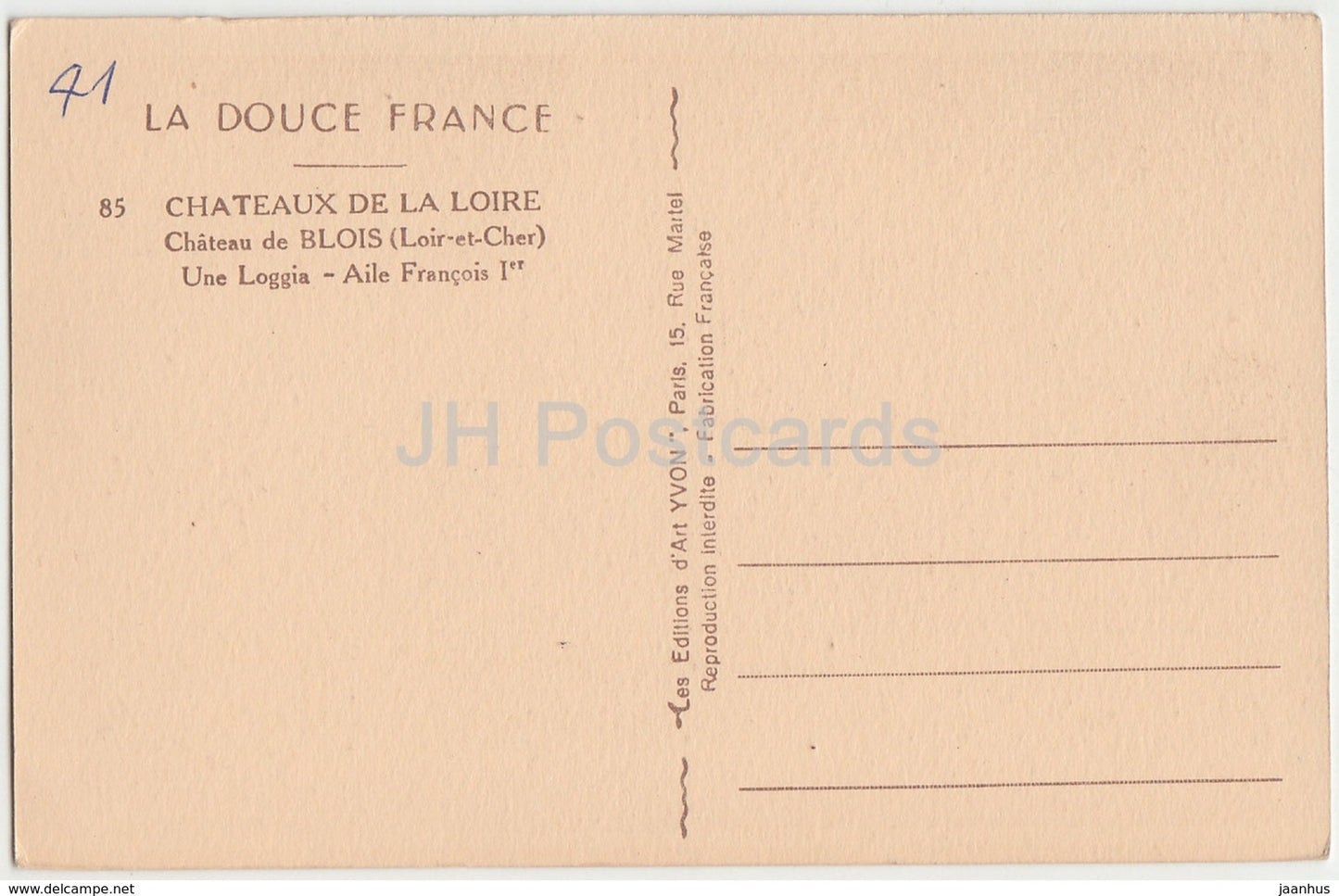 Châteaux de la Loire - Château de Blois - Une Loggia - Aile François Ier - château - 85 - carte postale ancienne - France - inutilisé