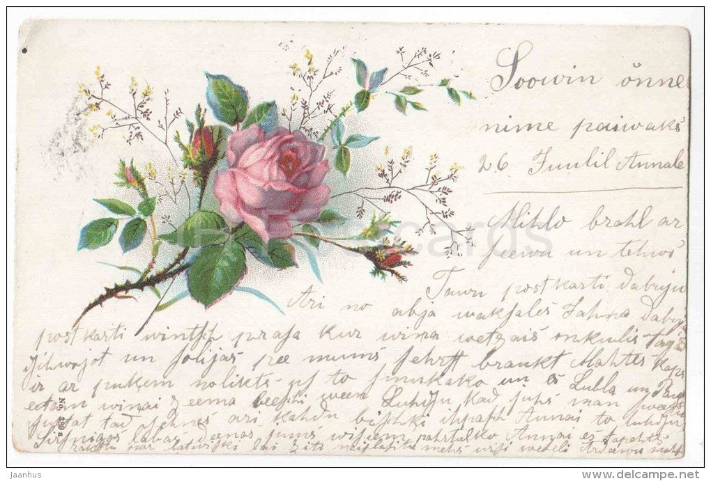 Greeting Card - Rose - flowers - circulated in Imperial Russia Estonia Wesenberg 1905 - JH Postcards