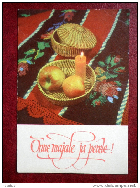 New Year Greeting card - apples - candle - embroidery - 1974 - Estonia USSR - used - JH Postcards