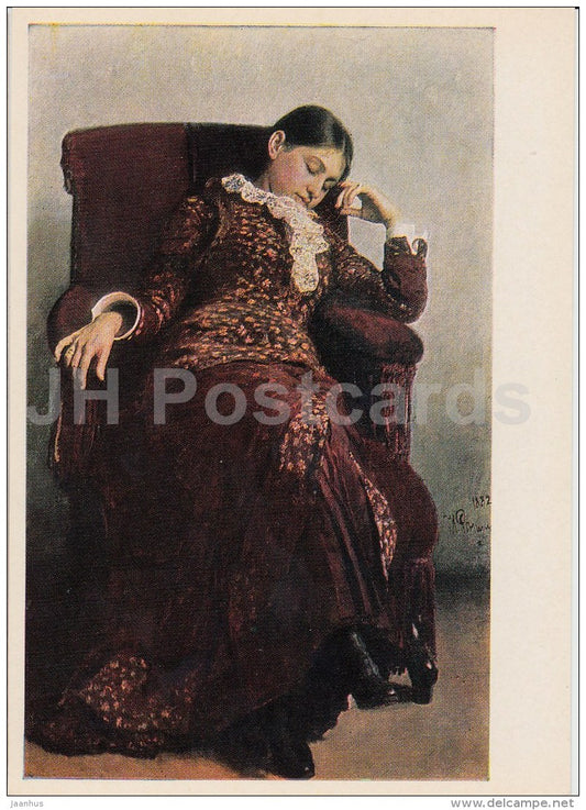 painting by I. Repin - Recreation . Portrait of Artist´s Wife , 1882 - woman - Russian art - 1980 - Russia USSR - - JH Postcards