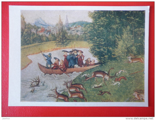 painting by Lucas Cranach the Elder . Fragment from Deerstalking - boat - german art - unused - JH Postcards