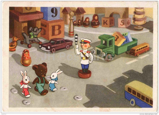 illustration from Soviet Russian cartoon Zay-Chik - scene - militia - traffic - bear - hare - 1962 - Russia USSR - used - JH Postcards