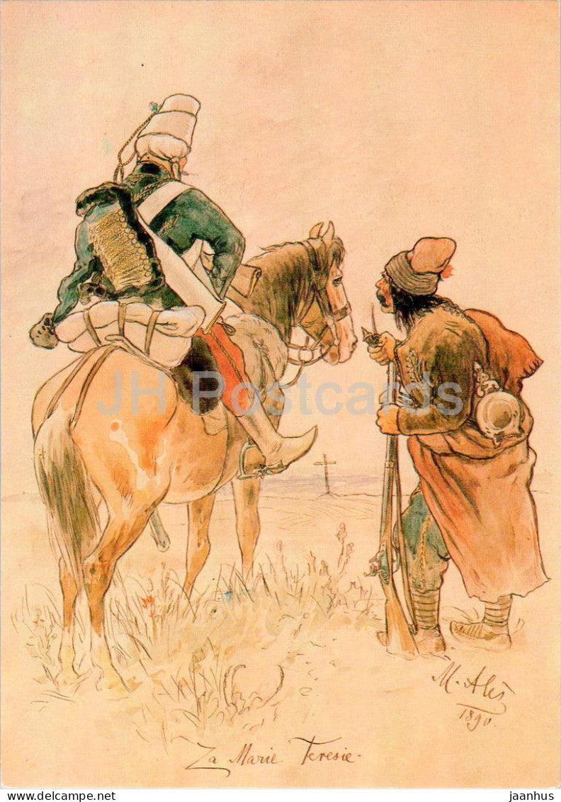 painting by Mikolas Ales - Hussars under Maria Theresia - horse - Czech art - Czech Republic - Czechoslovakia - unused - JH Postcards