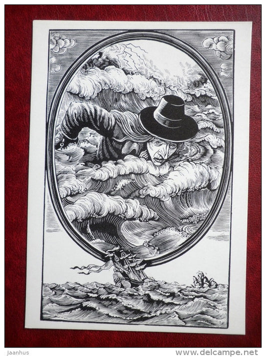 shipwreck - ship - Gulliver's Travels by Jonathan Swift - book - engravings by S. Harlamov - Russia USSR - 1976 - unused - JH Postcards