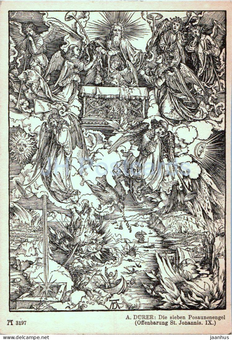 Engraving by Albrecht DÃ¼rer - Die sieben Posaunenengel - 3197 - German art - old postcard - Germany - unused - JH Postcards