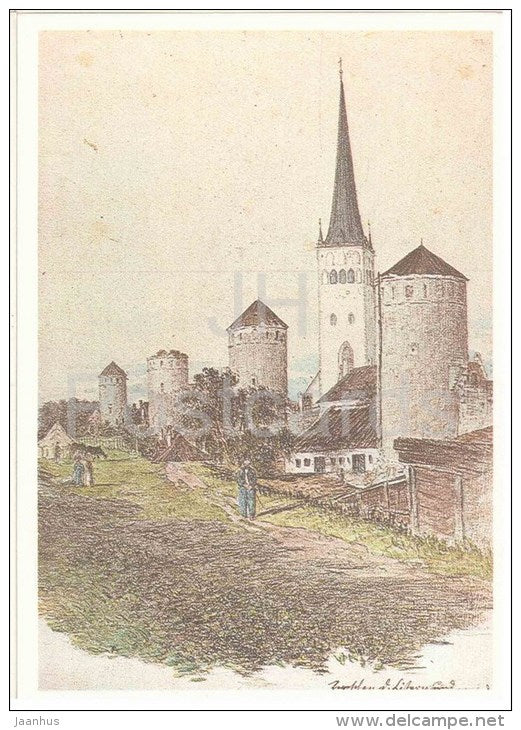 drawing by C. Buddeus , The Town Wall - Old Views of Tallinn - 1984 - Estonia USSR - unused - JH Postcards