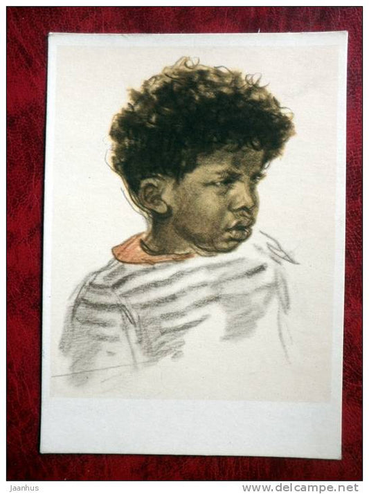 Painting by N.N. Zhukov - Little black boy - art - card printed in 1958 - Russia - USSR - unused - JH Postcards