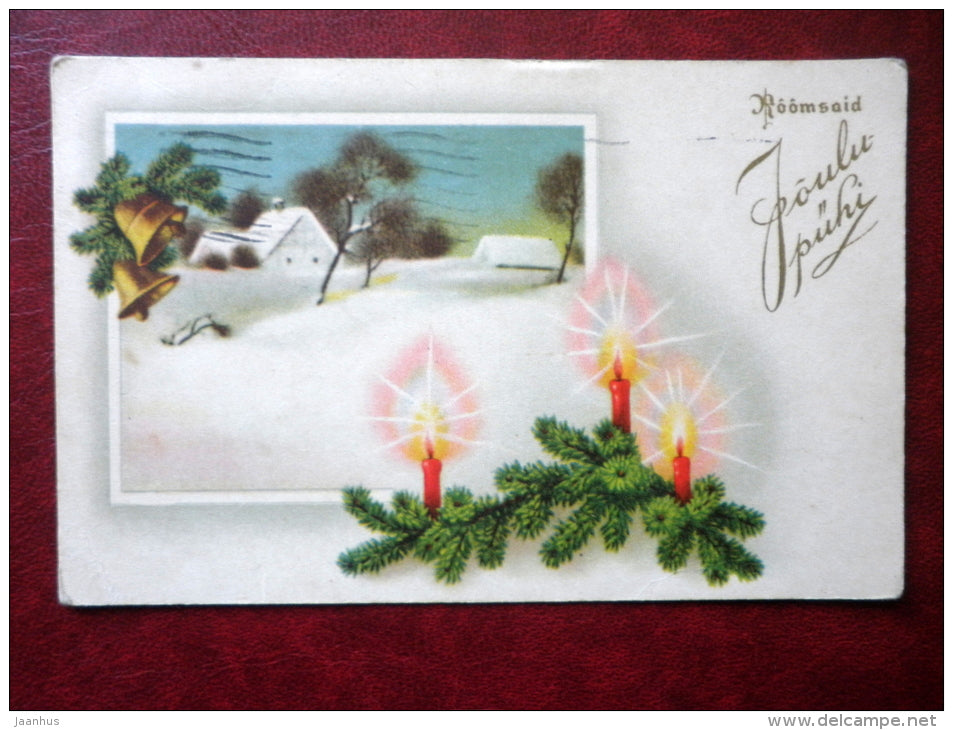 Christmas Greeting Card - candles 1 - bells - house - circulated in Estonia 1938 , Tallinn - used - JH Postcards