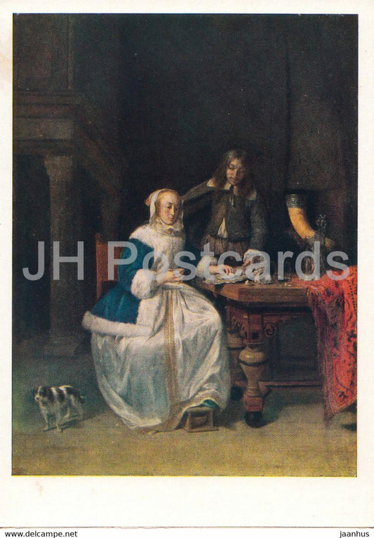 painting by Gabriel Metsu - Breakfast - dog - Dutch art - 1961 - Russia USSR - unused - JH Postcards