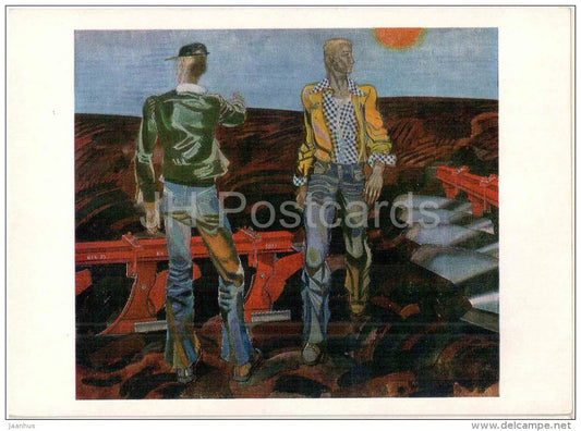 painting by E. Iltner - Plowmen , 1977 - latvian art - unused - JH Postcards