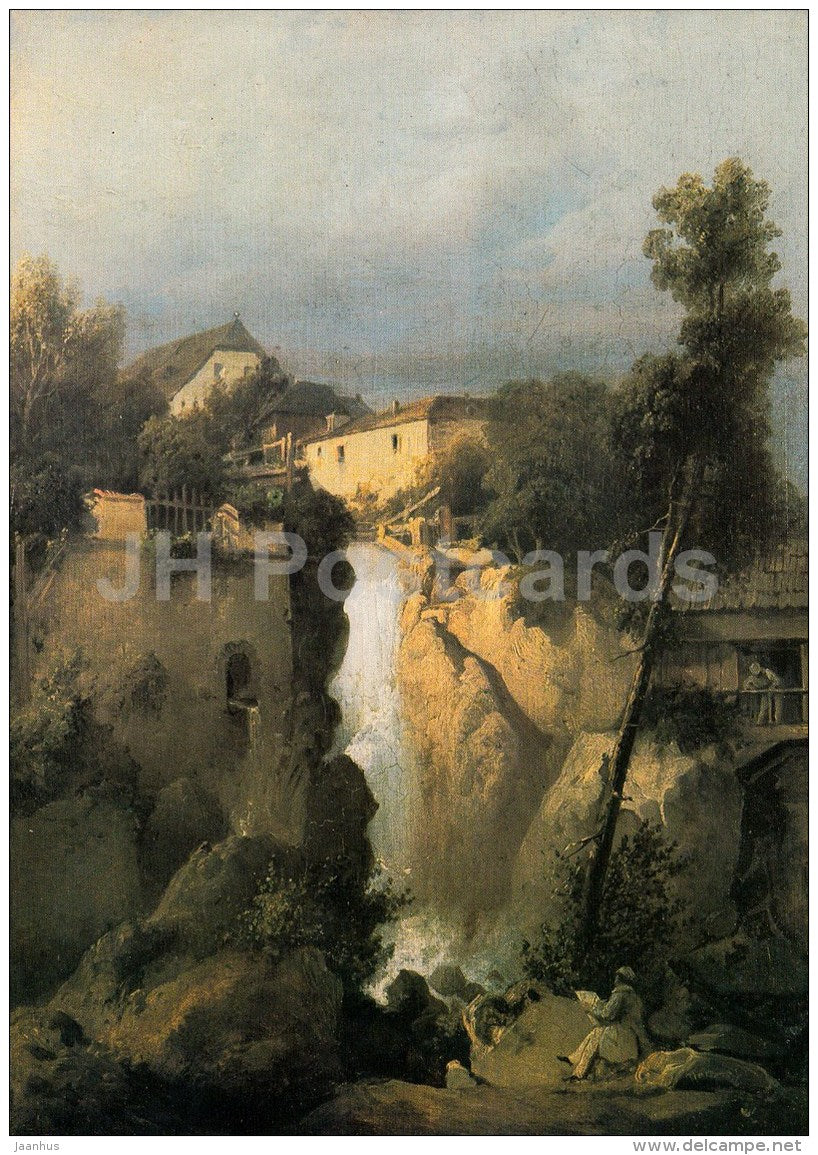 painting by Josef Navratil - Waterfall in the Village , 1850 - Czech art - large format card - Czech - unused - JH Postcards