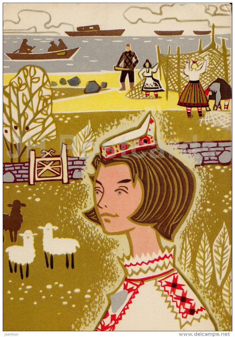 illustration by V. Lember-Bogatkina - Woman Folk Costumes - Muhu island - 1965 - Estonia USSR - used - JH Postcards