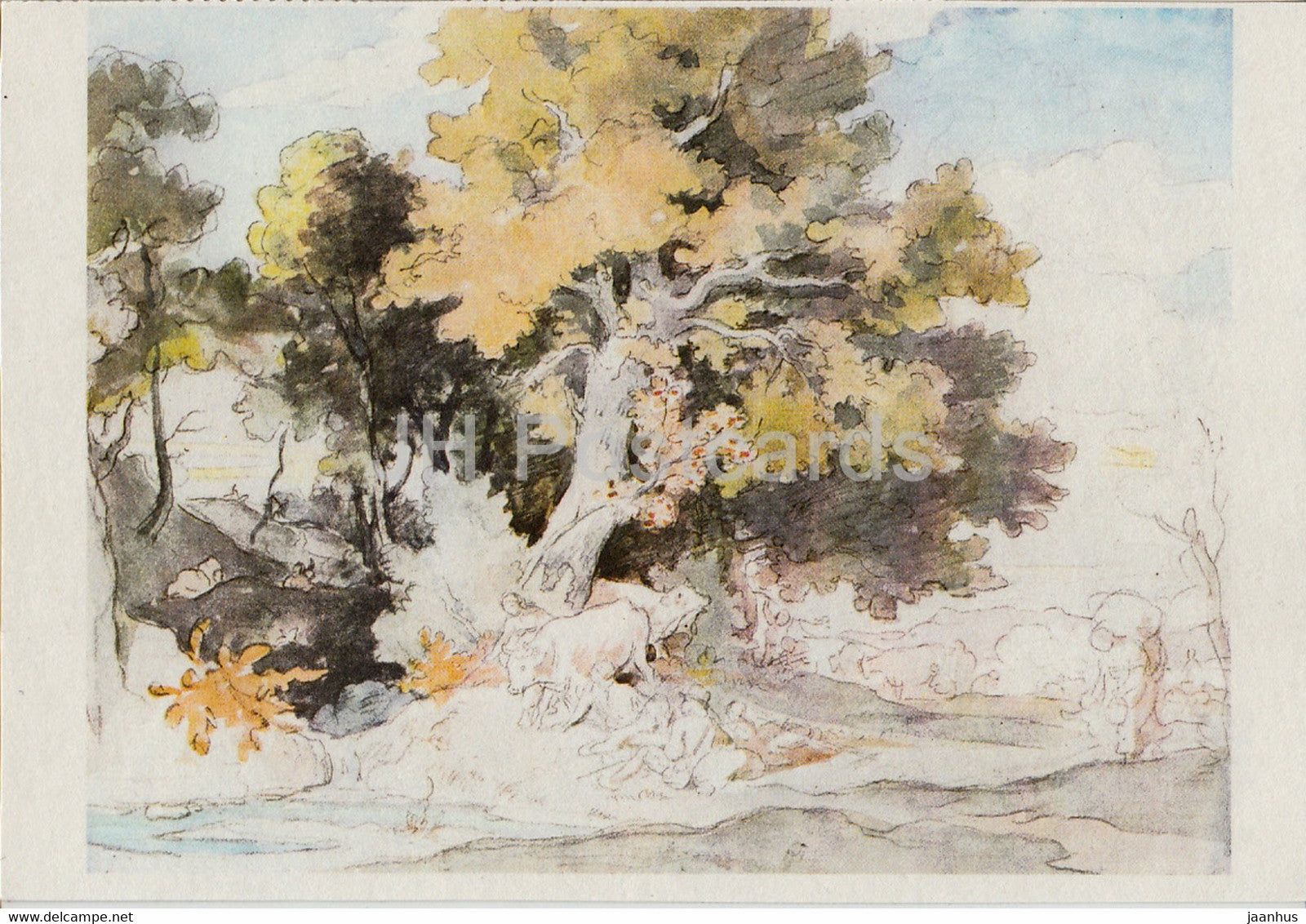 painting by Ludwig Richter - Baumgruppe mit Vieh und Hirten - cattle and shepherds - German art - 1984  Germany - unused - JH Postcards