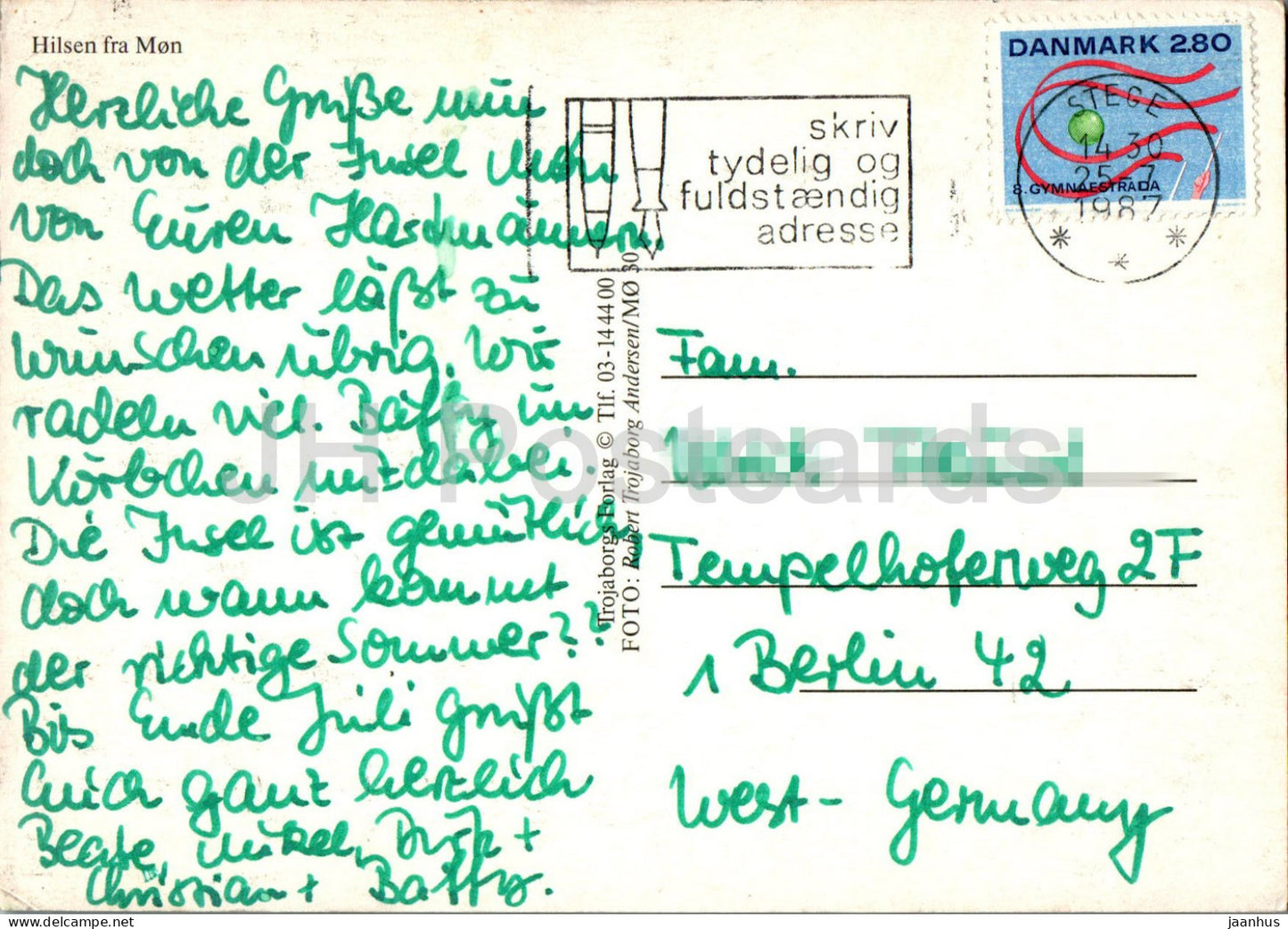 Hilsen fra Mon - bateau - église - vue sur la rue - multiview - MO 30 - 1987 - Danemark - utilisé 