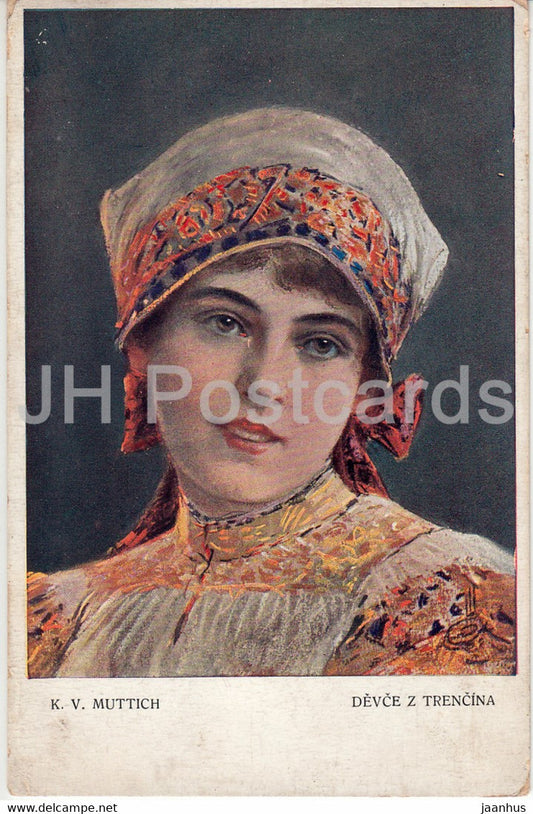 painting by C. Muttich - Devce z Trencina - woman - folk costumes - old postcard - Czech art - Czech Republic - unused - JH Postcards