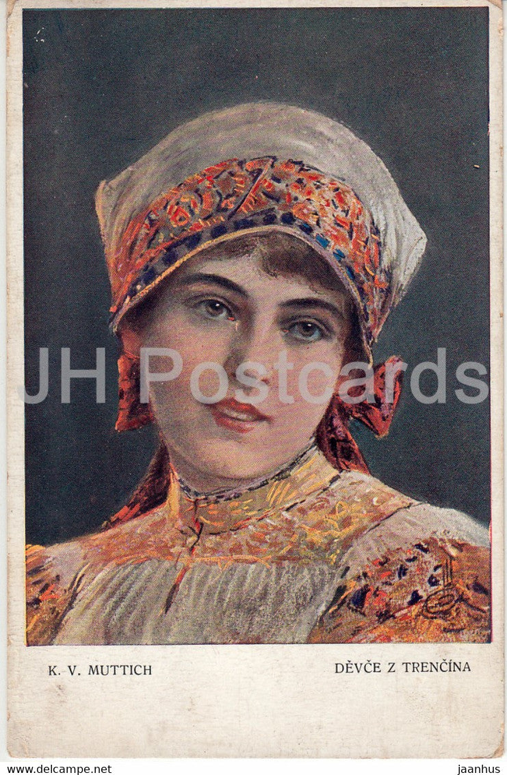 painting by C. Muttich - Devce z Trencina - woman - folk costumes - old postcard - Czech art - Czech Republic - unused - JH Postcards