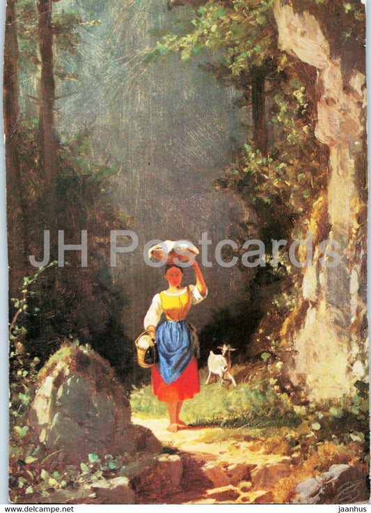 painting by Carl Spitzweg - Madchen mit Ziege - German art - Germany - unused - JH Postcards