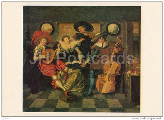 painting by Dirck Hals - Musial Party , 1623 - cello - violin - mandolin - Dutch art - Russia USSR - 1982 - unused - JH Postcards
