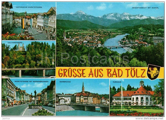 Grüsse aus Bad Tölz - Historische Marktstrasse - Kalvarienberg - Isartal - Isarbrücke - Germany - 1990 gelaufen - JH Postcards