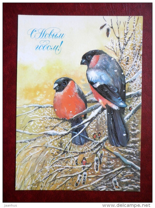 New Year greeting card - illustration by T. Panchenko - bullfinch - birds - 1986 - Russia USSR - used - JH Postcards