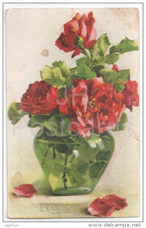 illustration by C. Klein - Roses in the Vase - flowers - GOM 2847 - circulated in Estonia Haapsalu 1931 - JH Postcards