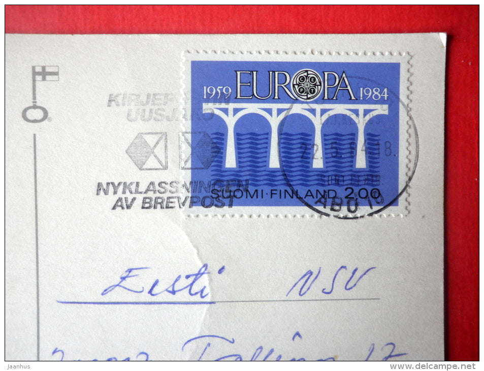 illustration - mouse - bee - mushroom - flowers - EUROPA CEPT - Finland - sent from Finland to Estonia USSR 1984 - JH Postcards