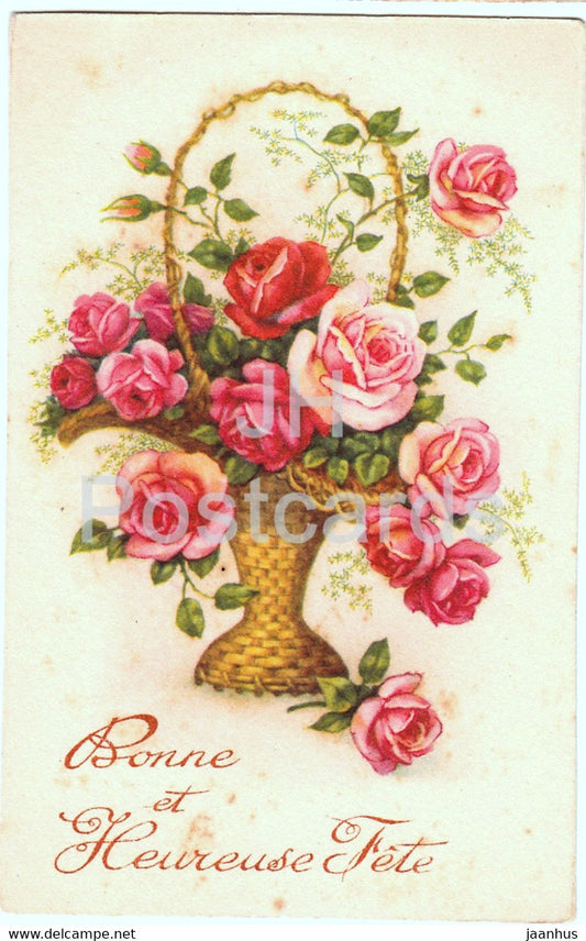 Birthday Greeting Card - Bonne et Heureuse Fete - flowers in a basket 307 illustration - old postcard - France - unused - JH Postcards