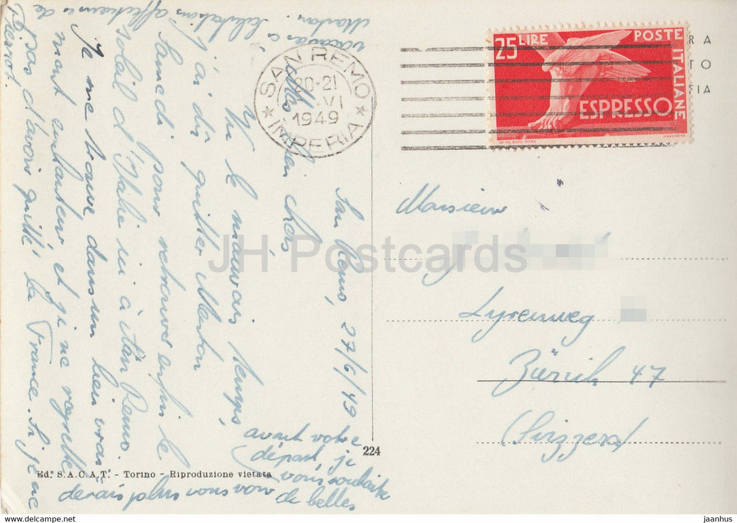 s Remo - San Remo - Riviera dei Fiori - Tramonto - voilier - coucher de soleil - carte postale ancienne - 1949 - Italie - utilisé