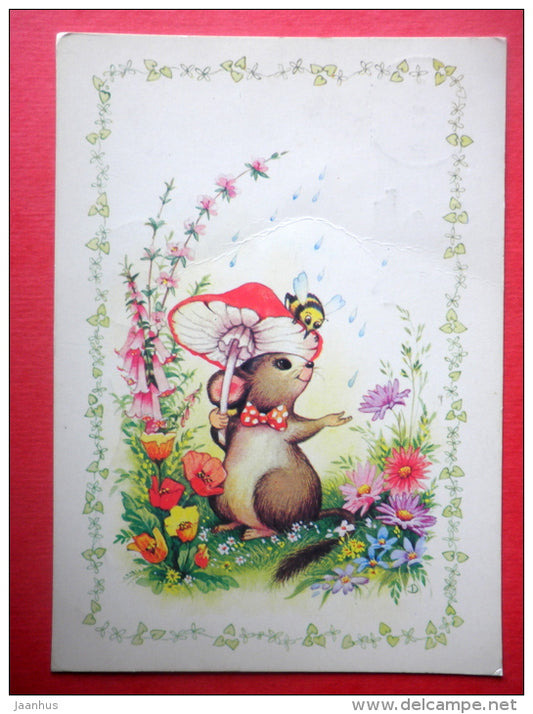 illustration - mouse - bee - mushroom - flowers - EUROPA CEPT - Finland - sent from Finland to Estonia USSR 1984 - JH Postcards