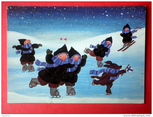 Christmas Greeting Card - Winter Dance - ice skating -  Finland - sent from Finland Turku to Estonia USSR 1987 - JH Postcards