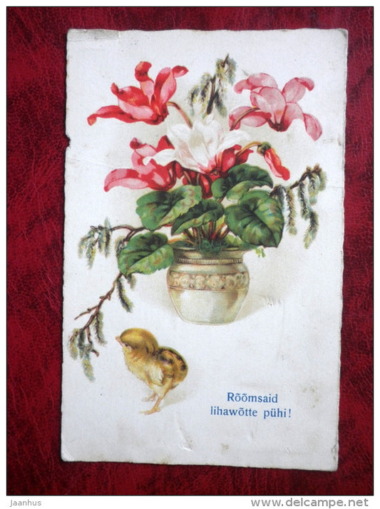 Easter  card - chicken - flowers - 1930s - Estonia - used - JH Postcards