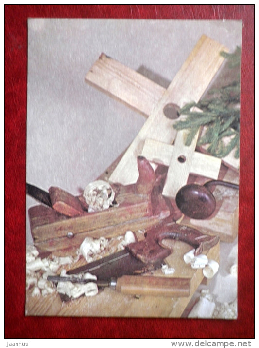 New Year Greeting card - planer - saw - chisel - Christmas tree stand - 1989 - Estonia USSR - unused - JH Postcards