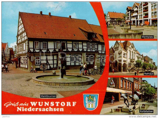 Grüss aus Wunsdorf - Niedersachsen - Marktbrunnen - Rathaus - Kuhbrunnen - market - 3050 - Germany - 1985 gelaufen - JH Postcards