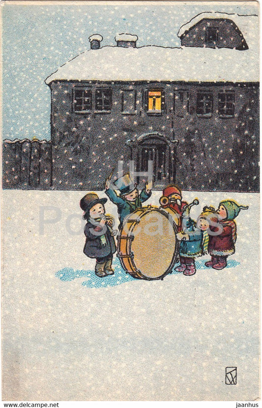 Christmas Greeting Card - Children - Musician - illustration - 1000-5 - LP - unused - JH Postcards