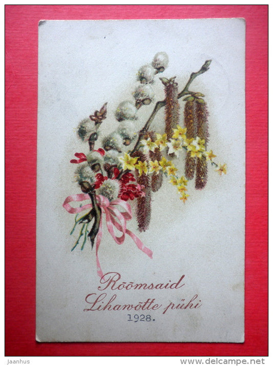 easter greeting card - catkins - HWB SER 3910 - circulated in Estonia Kambja 1928 - JH Postcards