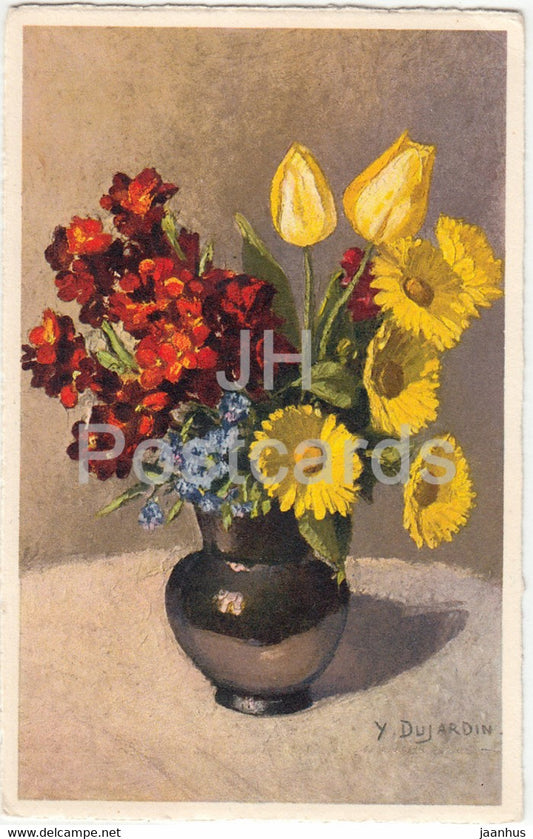 flowers in a vase - illustration by Dujardin - 534 - old postcard - Switzerland - unused - JH Postcards