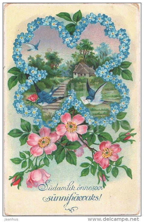 Birthday Greeting Card - swallow - flowers - HWB - SER 2000 - 2752 - old postcard - circulated in Estonia - JH Postcards