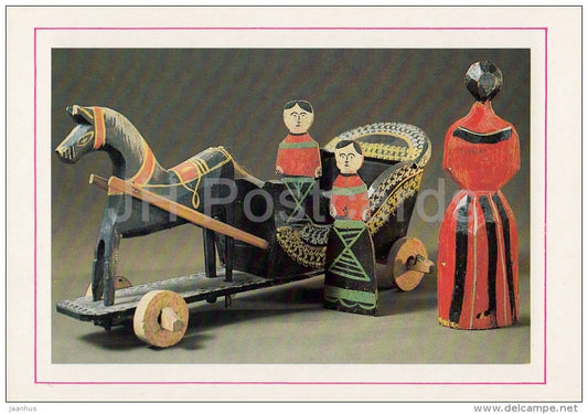 Pull-Along Horse and Sledge with Dolls of carved wood , 1930s - Russian Folk Toy - 1988 - Russia USSR - unused - JH Postcards